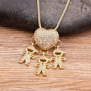 Gold Color Cubic Zirconia Family 3 Boys Pendant Necklace Copper Chain Jewelry